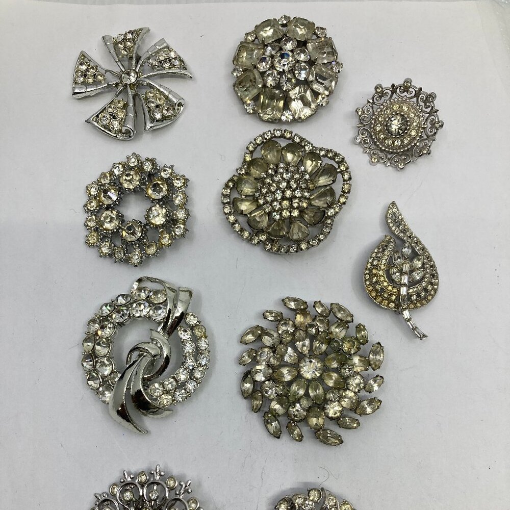 Vtg lot of 10 brooches rhinestone crystal wedding bridal